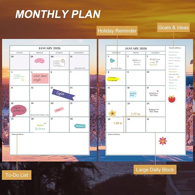 CAGIE 2026 Monthly Planner: 12 Months Jan 2026 - Dec 2026 Calendar Planner Weekly and Monthly 8.5" x 11" Large Spiral Planners for Women Hourly Daily Yearly Agenda with Tabs Stickers, Sunset