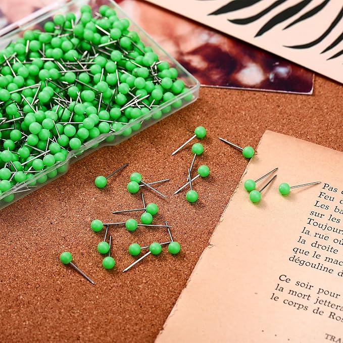 WILLBOND 500 Pack Map Push Pins Map Tacks Small Round Head Push Pins Thumb Tacks for Travel Picture Photo Bulletin Board Wall DIY Craft School Office Home(Light Green,1/6 Inch)