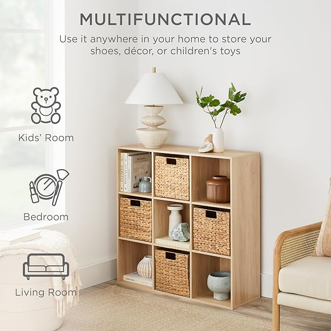 Best Choice Products 9-Cube Storage Organizer, 13.5in Shelf Opening, Bookcase, Display Shelf, Customizable w/ 3 Removable Back Panels – Light Oak