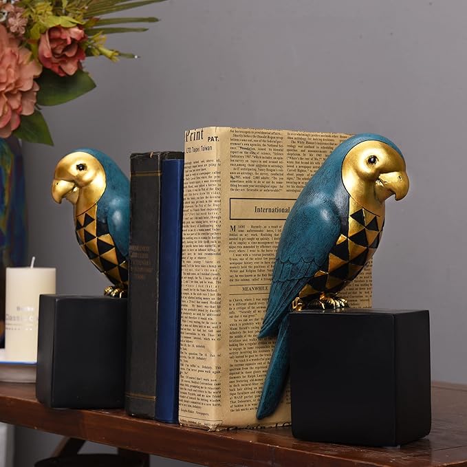 Kakizzy Book Ends Decorative, Parrot Bookends for Shelves, Animal Book Stopper Decorative, Retro Book Ends for Heavy Books, Bird Figurines Statues Indoor, Unique Book Lover Gift(Blue Parrot)