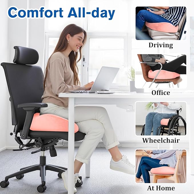 CushyOasis Seat Cushion, Chair Cushions, Office Chair Cushions, Anti-Slip Bottom & Removable Cover Tailbone Pain Relief Cushion, Memory Foam Seat Cushion, 5.28 in Thick (Pink)