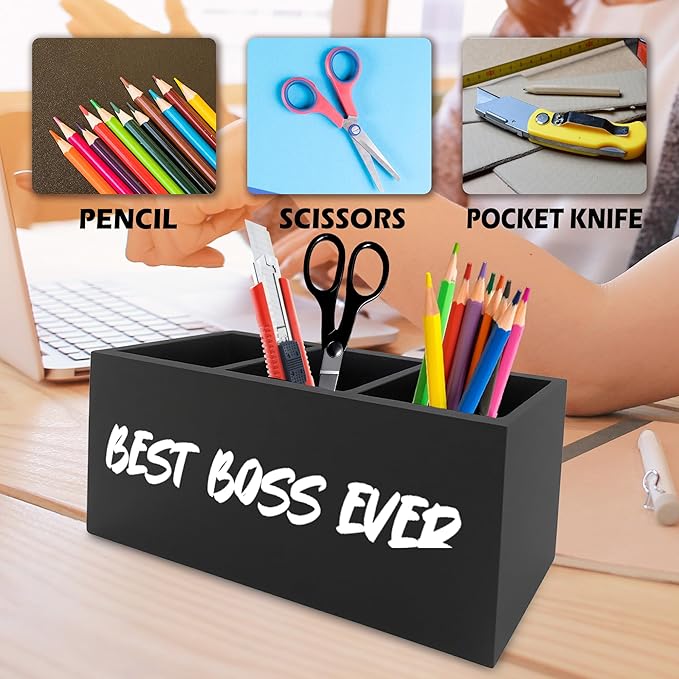 QZQE Boss Gifts Pen Pencil Holder Organizer for Desk, Bosses Leader Appreciation Gifts, Best Boss Ever Wooden Box Signs Decorations for Home Workplace Office Desk Tabletop