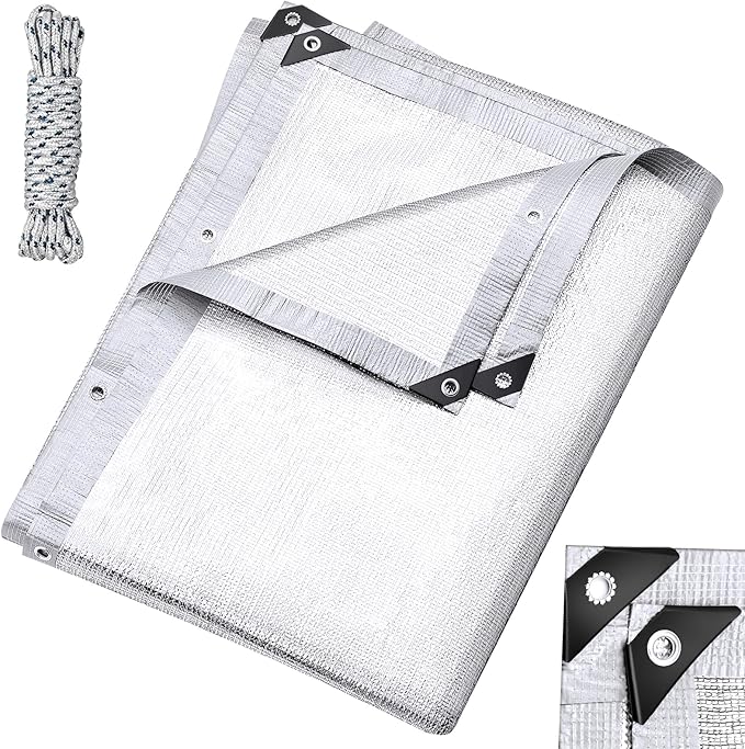 99% Aluminet Shade Cloth Reflective Tarp 10 x 10 ft Aluminium Cloth Porch Privacy Screen with Grommets for Car Garden Pergola Patio Sun Shade Kennel Cover Durable Mesh Canopy Cover Easy Setup