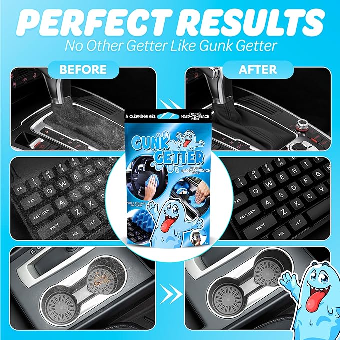 Gunk Getter, Cleaning Gel for Those Hard to Reach Places, Automotive Cup Holder Electronic Keyboard Office, Slime Gel Cleaner Dust Crumb Removal (Resealable Pouch, Blue, 3oz) 12 Pack