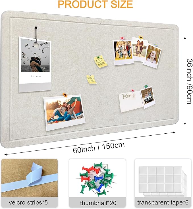 Yunihome Large Bulletin Board - Foldable 36x60 Inches Cork Board Alternative with 20 Push Pins, 5' x 3' Self-Adhesive Felt Bulletin Board for Wall, Home Office Classroom Decor