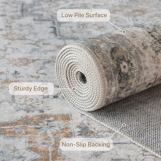GENIMO 6FT Round Area Rugs for Living Room, Circle Rugs Machine Washable Low Pile, Chenille Non Slip Vintage Rug for Bedroom, Dining Room, Home Office, Light Taupe Brown