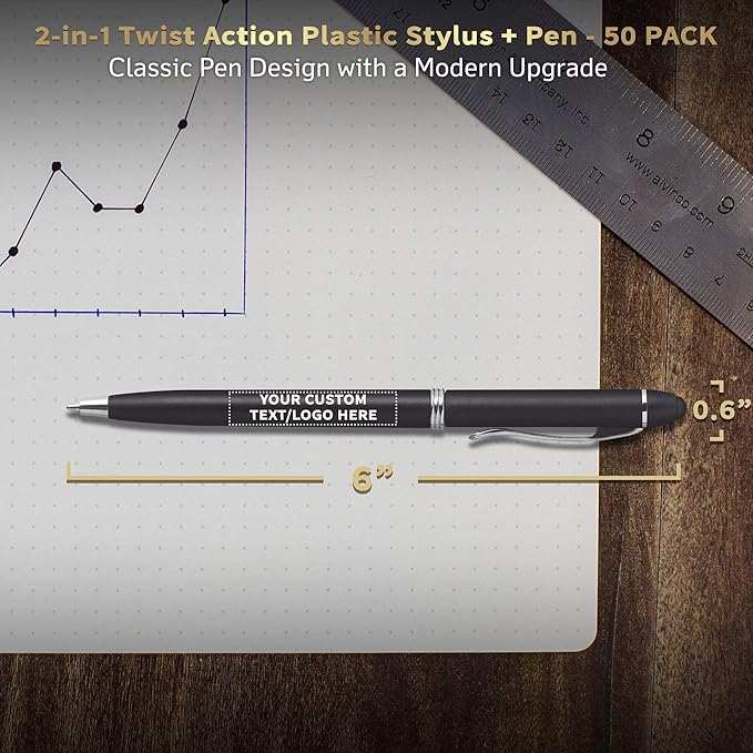 DISCOUNT PROMOS Custom Twist Action Plastic Stylus Pens, Set of 50, Personalized Bulk Pack - Pens for Work, Cool Pens for Writing, Black Ink - Black