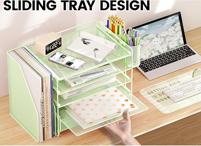 OPNICE Desk Organizer, 5-Tier Paper File Organizer with Drawer & Pen Holder, Office Desk Accessories, Workspace Desktop Organizer for Office Supplies(Green)