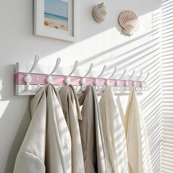SKOLOO Coastal Coat Rack Wall Mount-38.12" Beach House Entryway Wooden Coat Hook with 10 Hooks for Hanging Coats, Hats or Towels, Oceanfront Cottage Core Collection, White & Palm Beach Pink, Pack of 2