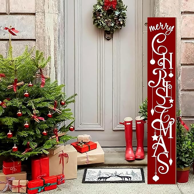ARTUFAN Merry Christmas Red with Star porch sign Welcome for Front Door Porch Deck Patio or Wall -Indoor and Outdoor Decorative Farmhouse Rustic Vertical Porch and Yard Decor - 7.8''x47.5''