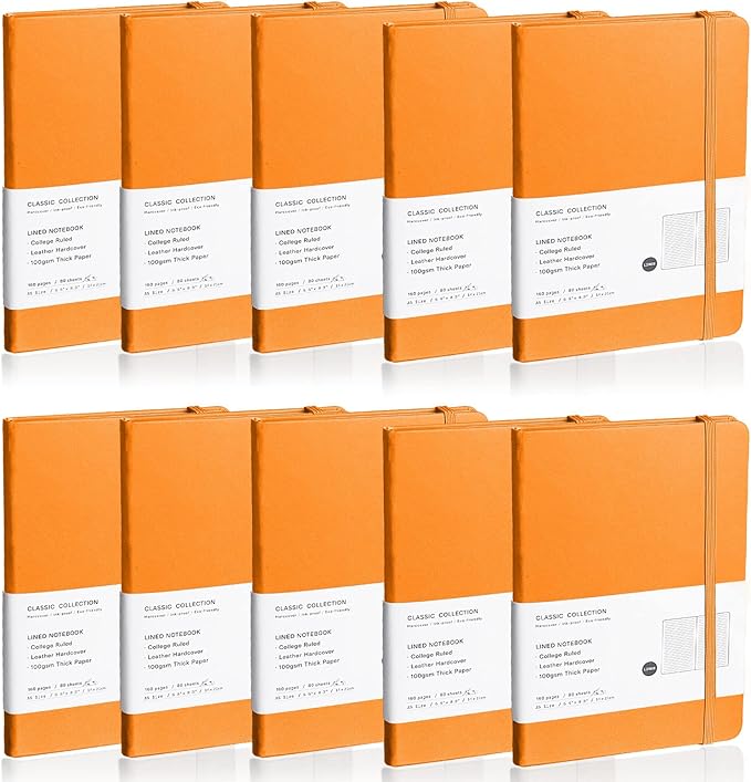 EMOMAS Lined Journal Notebook, 10Pack Hardcover Notebook for Men & Women – Journals for Writing, Work, School, Home & Daily Notes, 160 Pages – Medium A5, 5.7"x8", 100 gsm Thick Paper (Orange)