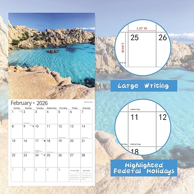 2026 Wall Calendar,Calendar 2026, November 2025 - December 2026, Wall Calendar Ocean Beaches, 12" x 24" Opened,Full Page Months Thick & Sturdy Paper for Calendar Organizing & Planning