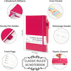 feela 5 Pack Notebooks Journals Bulk, Hardcover Notebook Classic Ruled Lined Journals with Pen Holder for Women Girls School Business Supplies, with 5 Black Pens, 120 GSM, 5.1”x8.3”, A5, Berry