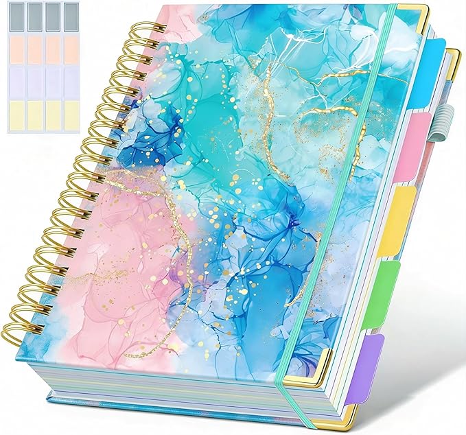 Hardcover Spiral Notebook journal with Removable Dividers Tabs, 300 Pages 5 Subject Notebook College Ruled, 100GMS Notebooks for Work School Note taking,Lined Journal for Women,Pink Blue Marble
