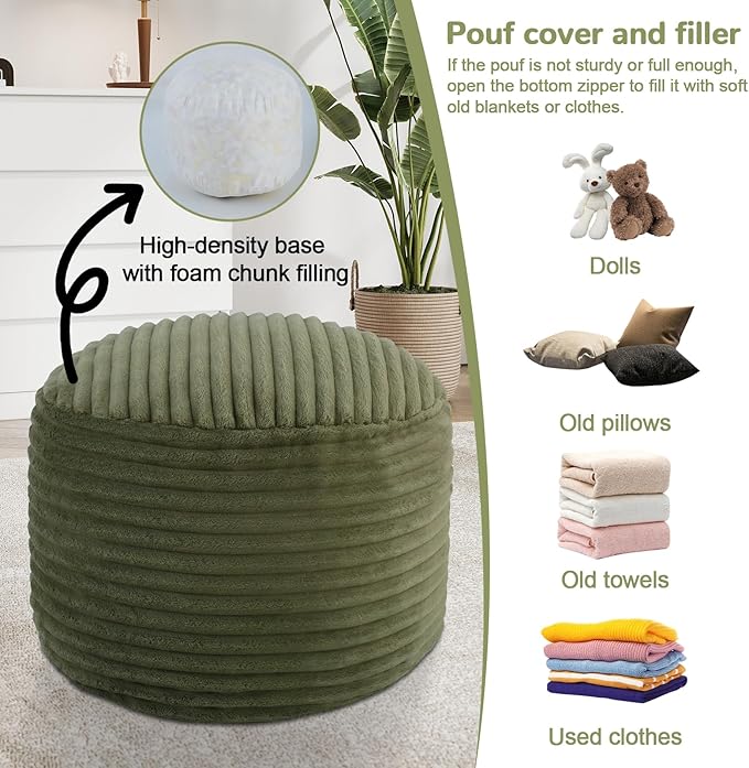 MeMoreCool Stuffed Round Pouf Ottoman Foot Rest, Soft Plush Floor Pouf Foot Stool, Corduray Footstool Footrest, Small Round Ottoman for Living Room Couch Sofa Chair, 20x15 Inch Green