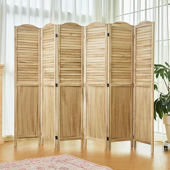 Room Partitions and Dividers, 68.9 Inch Temporary Wall with Double Hinges, Wooden Louver & MDF Stable Screens for Home Office Bedroom Coffeehouse Decoration (6 Panels, Wood Color)