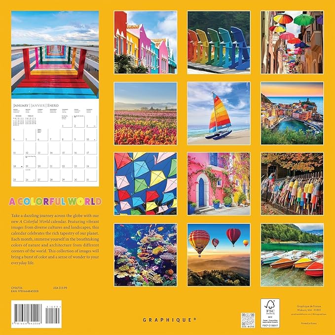Graphique 2026 A Colorful World Wall Calendar | 12” x 12” | Thick Paper | Home & Office Organizer | Large Monthly Grid | 3 Languages & Marked Holidays | 4 Month Preview Page for 2027