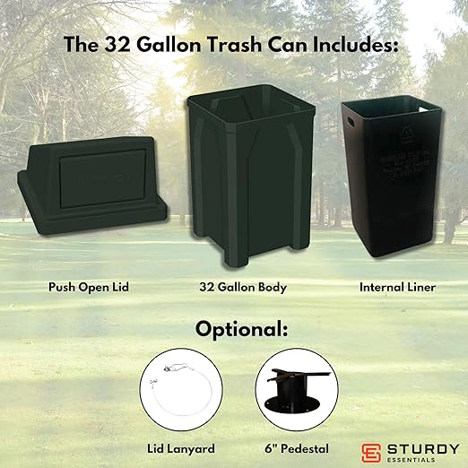 Sturdy Essentials 32 Gallon Square 100% Recycled Plastic Heavy Duty Indoor or Outdoor Commercial Trash Can with Push Lid | Great for Schools and Businesses - Black