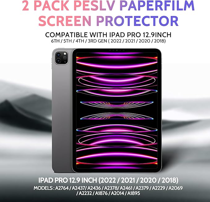 Peslv 2 Pack Like Paper Screen Protector for iPad Pro 12.9 inch (2022/2021/2020/2018), Matte Anti Glare PET Film/Blue Light Filter Eye Protection Cover/Drawing & Writing Feel Like on Paper