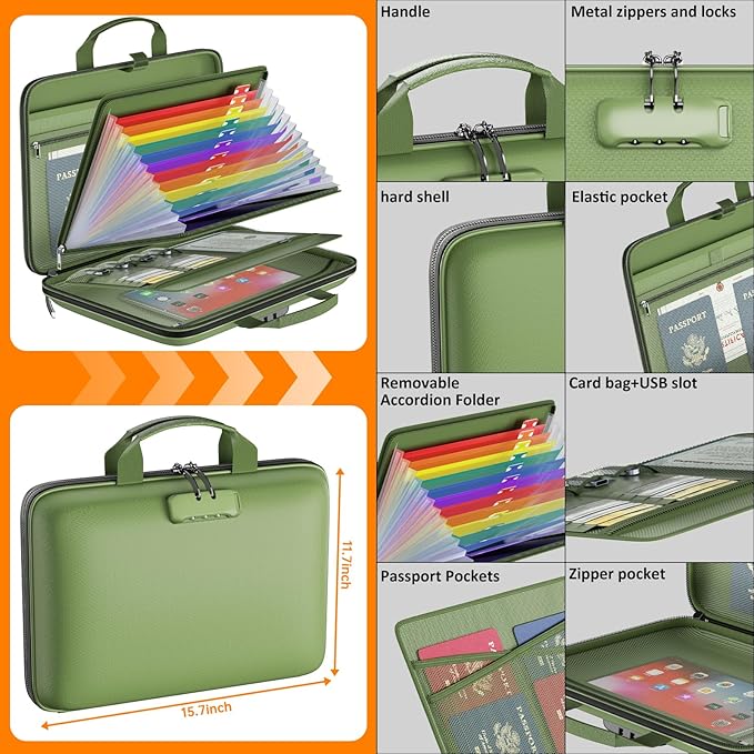 Fireproof File Organizer with Lock, Hard-Shell Case Fireproof Document Box with 13 Colorful Pockets Accordion File Folder, Important Document Organizer for Letter A4 Files Laptop Passports (Green)