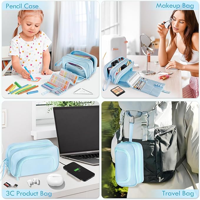 SANANT Large Capacity Pencil Case with Pull-out Structure - Multifunctional Extra Big Pencil Pouch Pen bag, Portable Stationery Organizer with Zipper, Office School Supplies for Teen Boys Girls, Blue