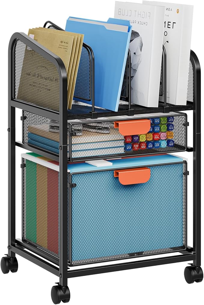 Marbrasse Rolling File Cart with Adjustable Dividers, Mobile File Cabinet on Lockable Wheels, Office Filing Cabinet Organizer, Hanging File Folder Organizer for Home Office - Black