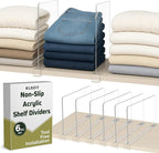 KLOZIT 6- Pack Clear Acrylic Shelf Dividers-Non-Slip Closet Organizers for Sweaters, Bags, Towels- Shelf Separators for Bedroom, Kitchen, Office
