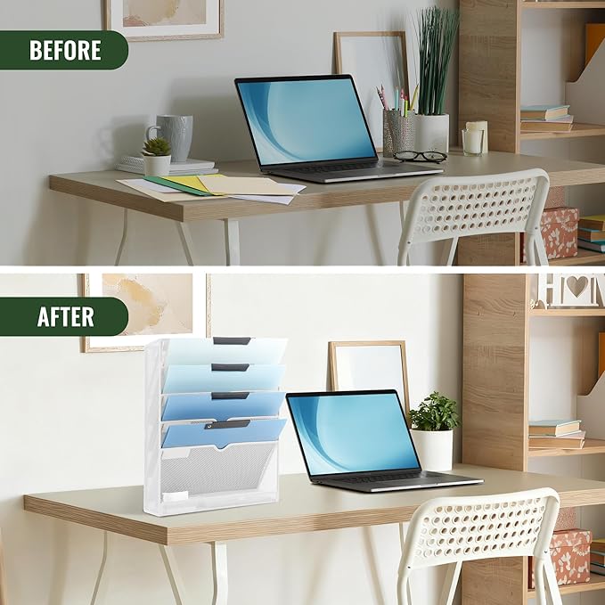 EASEPRES 6 Tier Mesh Hanging Wall File Organizer, Desk Vertical Mail Paper Document Folder Holder Rack with Bottom Tray and Nametag Label for Office Home School, White