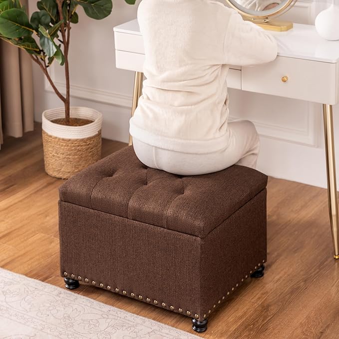Decent Home 24" Storage Ottoman, Fabric Ottoman Foot Rest Stool with Hinged Lid, Tufted Rectangle Upholstered Footstool, Load Up to 350 lb, for Living Room, Bedroom, Dorm, Coffee Brown