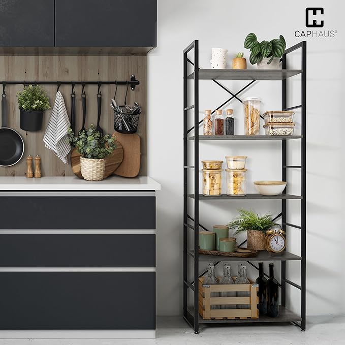 CAPHAUS 5 Tier Bookshelf, 24 Inch Width Free Standing Shelf, Bookcase Shelf Storage Organizer, Industrial Book Shelves for Home Office, Living Room, Kitchen, Dark Grey