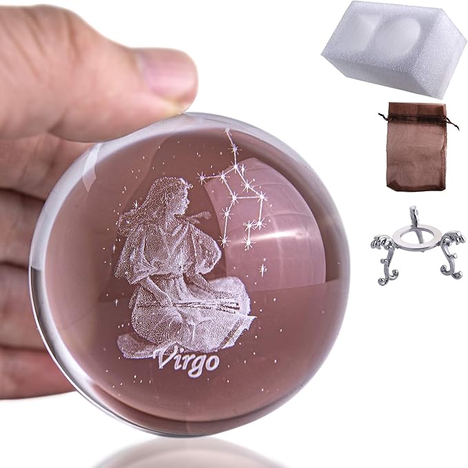 3D Inner Carving Constellation Ball Crystal Paperweight Full Sphere Glass Fengshui with Sliver-Plated Flowering Stand(Virgo)