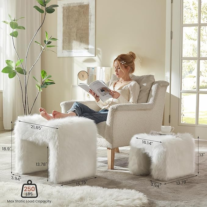 ZYKZYK Small Ottoman Set of 2 Vanity Stool Chair with Modern Ottoman Foot Rest M-Shaped Design for Bedroom Entryway Makeup Vanity Entryway (2-in-1) White
