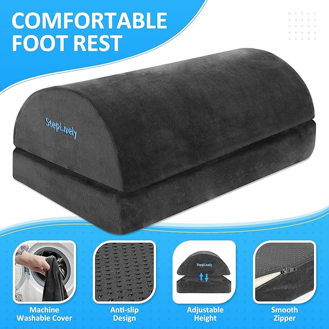 StepLively Foot Rest for Under Desk at Work, Comfortable Foot Stool with 2 Adjustable Heights, Footrest with Washable Cover, for Back & Hip Pain Relief, Suitable for Office, Home, Car, Gray, X-Large