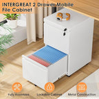INTERGREAT 2 Drawer File Cabinet with Wheels, Metal Filling Cabinet with Lock, Locking Office Mobile Cabinet with Wheels for Legal/Letter Size, Under Desk, Easy Assemble, White