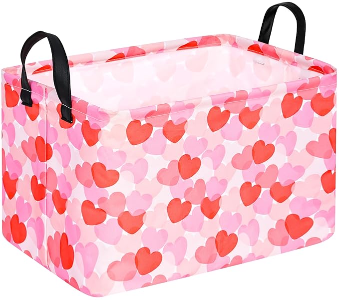 FUULOXE Rectangular Valentines Basket Storage Bin for Shelves Girls Gifts Baskets Foldable Box with Handles for Home Office Car Dormroom Valentine's Day Party Supplies