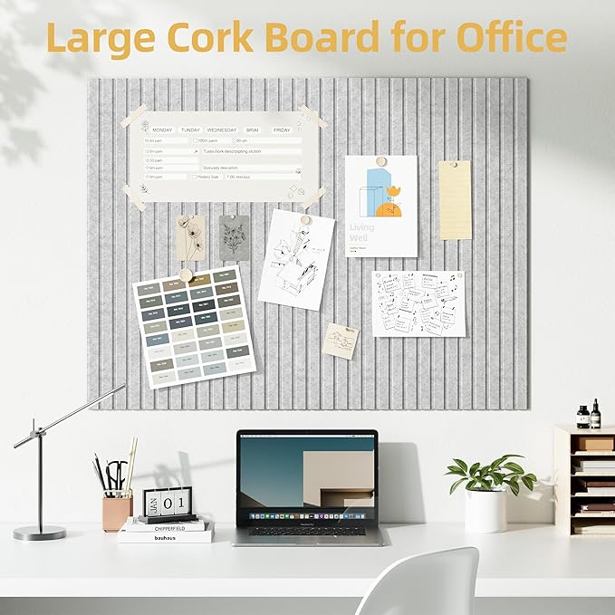 Large Cork Board for Wall 36" x 48" Gray Bulletin Board with Safe Removable Adhesive Squares for Pictures Photos, Alternative CorkBoard Felt Pin Boards Tiles for Office Classroom Wall Decor - 12 Pack