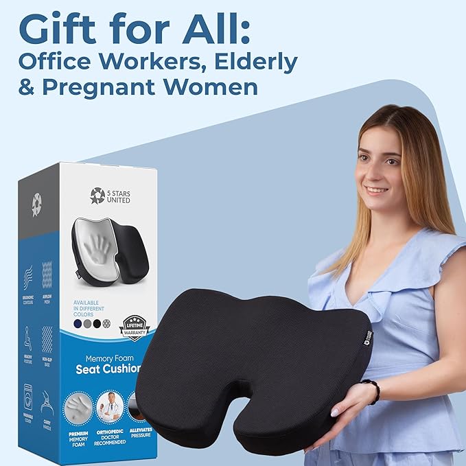 5 STARS UNITED Seat Cushion for Tailbone Pain Relief – Memory Foam Cushion for Coccyx, Hip, Sciatica & Post-Surgery Recovery – Wheelchair, Car, Desk, Gaming & Office Chairs, Black, X-Large