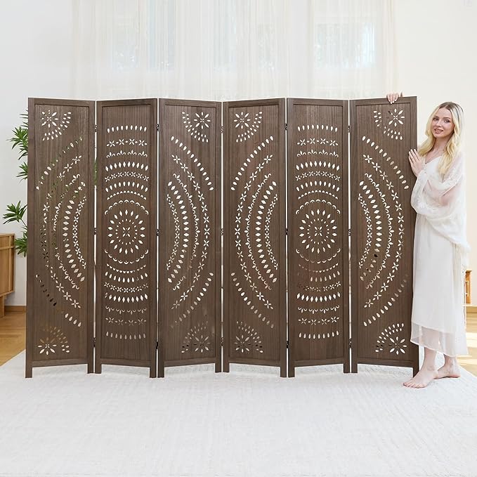 5.6 Ft Folding Room Divider, Portable Privacy Screen & Partition, No Assembly Required for Use as Cat Litter Box Cover, Clutter Hider, Room Separator, 6 Panels (Brown)