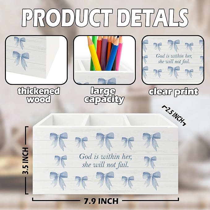 XPH Blue Coquette Bow Christian Pen Pencil Holder Organizer for Desk, Preppy Desk Decor, Christian Gifts for Women, Bible Verse Wooden Box Sign for Girly Room Bedroom Dorm Tabletop Decorations