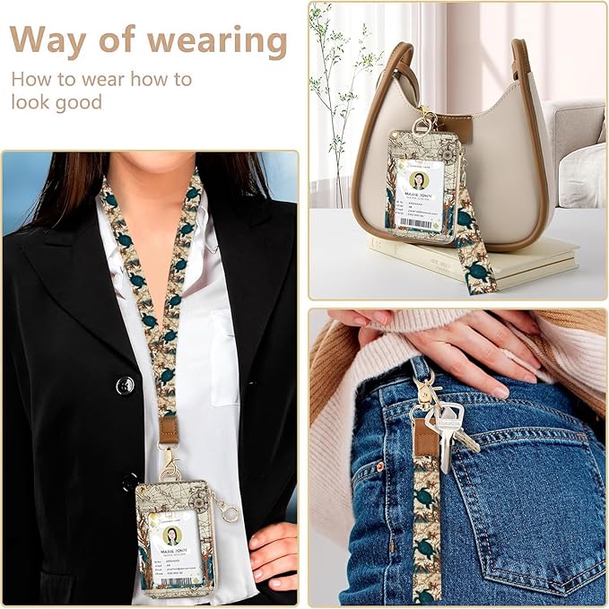 bolimoss Turtle Lanyard Wallet with Id Badge Holder, Cute RFID Small Wristlet Keychain Wallet, Zipper Credit Card Holder Phone Wrist Neck Strap for Key Name Tag, Teacher Student Office Women