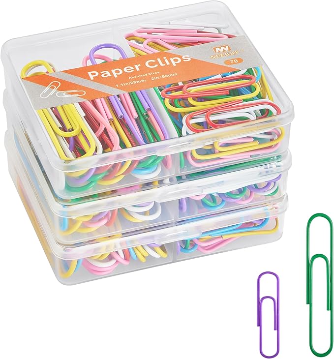 NEEWAY Colorful Paper Clips Assorted Sizes, Small and Large Paperclips, 210 Count, 3 Pack of 70 (Multicolor)
