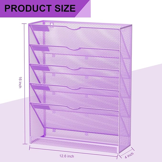 GDINDINFAN Hanging Wall File Organizer 6 Tier Wall Mounted Mail Paper Folder Holder Document Organization Stand, Vertical Desk Magazine Rack for Office Home Cubicle Countertop, Light Purple