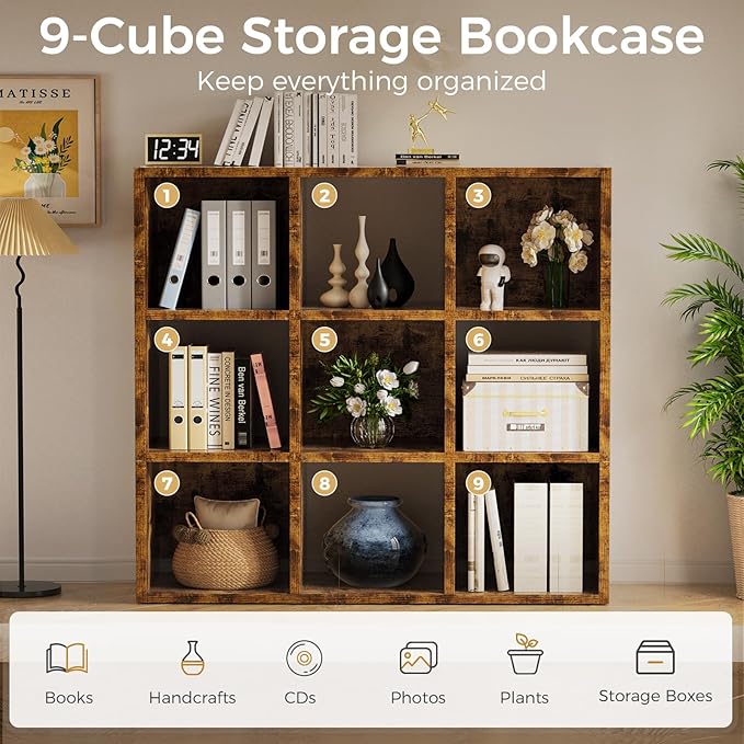 COMHOMA 9 Wood Cube Storage Organizer with Open Back and Removable Back Panels, 11In Brown Cube Storage Bookshelf, Cubicle Shelf Bookcase for Home Office Bedroom Living Room, Vertical or Horizontal