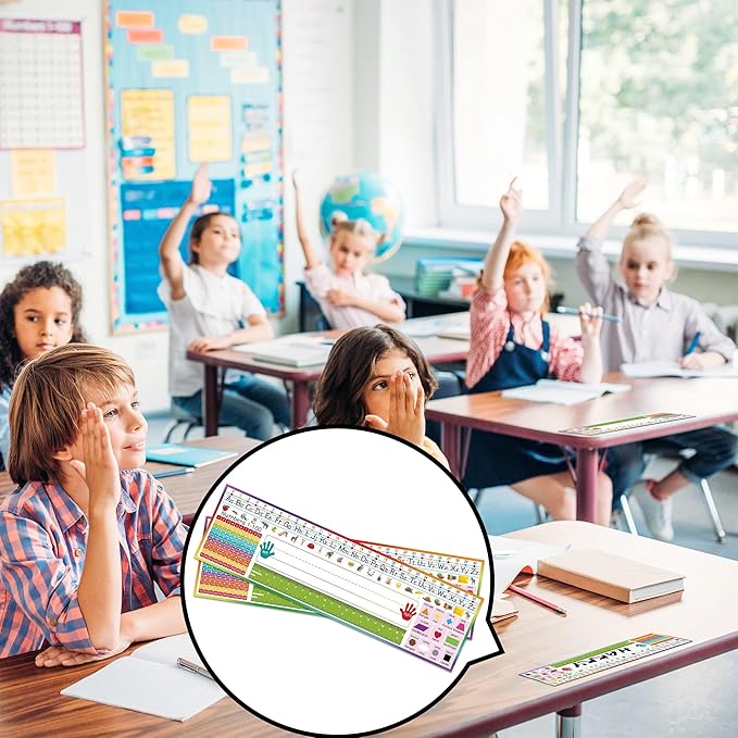 INKNOTE 32 PCS Name Tags for Classroom Multipurpose Manuscript Nameplate for Desks with Alphabet Numbers Ruler and Shapes for Kid from Pre Kindergarten to Primary School