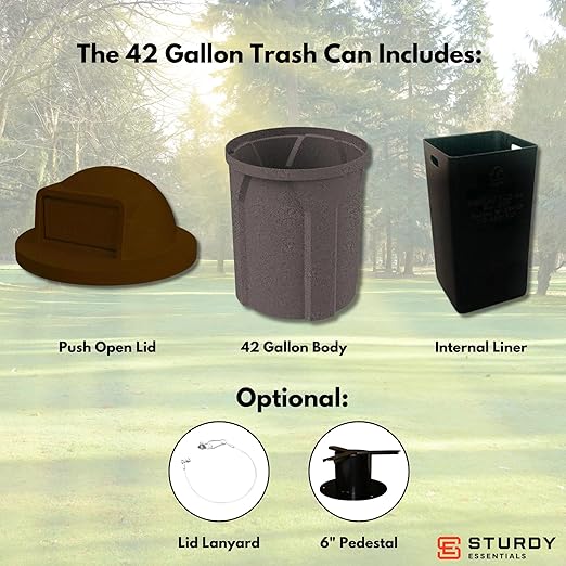 Campus Collection 42 Gallon Circle 100% Recycled Plastic Heavy Duty Outdoor Commercial Trash Can with Push Open Dome Lid and Internal Liner - Great for Schools and Businesses - Brown Granite