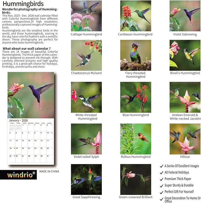 2026 Wall Calendar,Calendar 2026, November 2025 - December 2026, Wall Calendar Hummingbird, 12" x 24" Opened,Full Page Months Thick & Sturdy Paper for Calendar Organizing & Planning