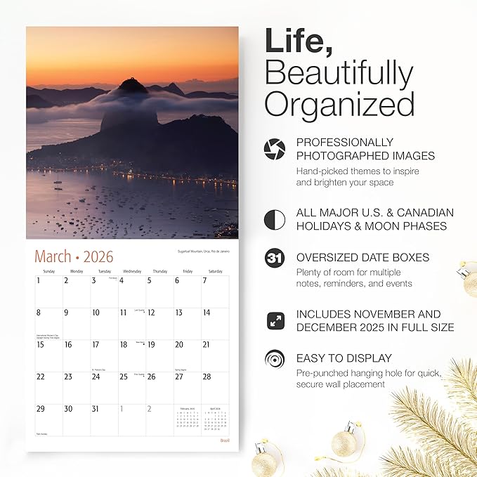 RED EMBER Brazil 2026 Wall Calendar 12 Month | 12" x 24" Open | Thick & Sturdy Paper | Holiday Gift | Travel Calendar 2026