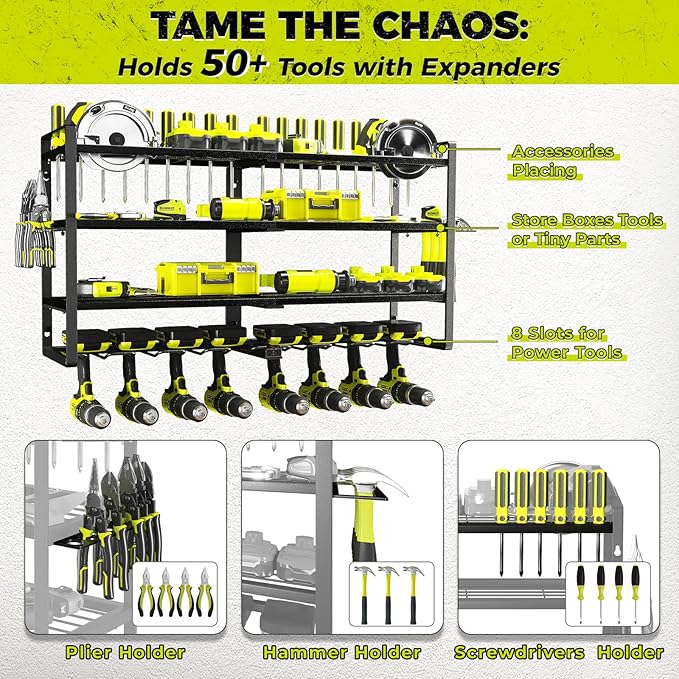 KAFAHOM Power Tool Organizer-8 Drill Holder Wall Mount,4 Layer Heavy Duty Metal Power Tool Storage Rack,Garage Tool Organizer and Storage with Screwdriver Holder/Plier Holder/Hammer Holder