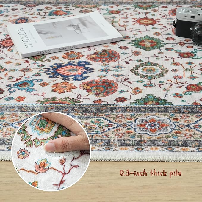 Rugcomf Area Rugs 8x10 for Living Room Clearance, Machine Washable Boho Rug, Non Slip Vintage Low Pile Large Carpet for Bedroom, Farmhouse, Dining Room, Kids Playroom (Colorful)
