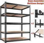 REIBII 2200LBS Storage Shelves 5 Tier Garage Shelving Heavy Duty, Adjustable Metal Shelving Unit, Garage Shelves for Basement, Warehouse, Pantry, Closet, Kitchen 72" H x 35.55" W x 16" D, Black